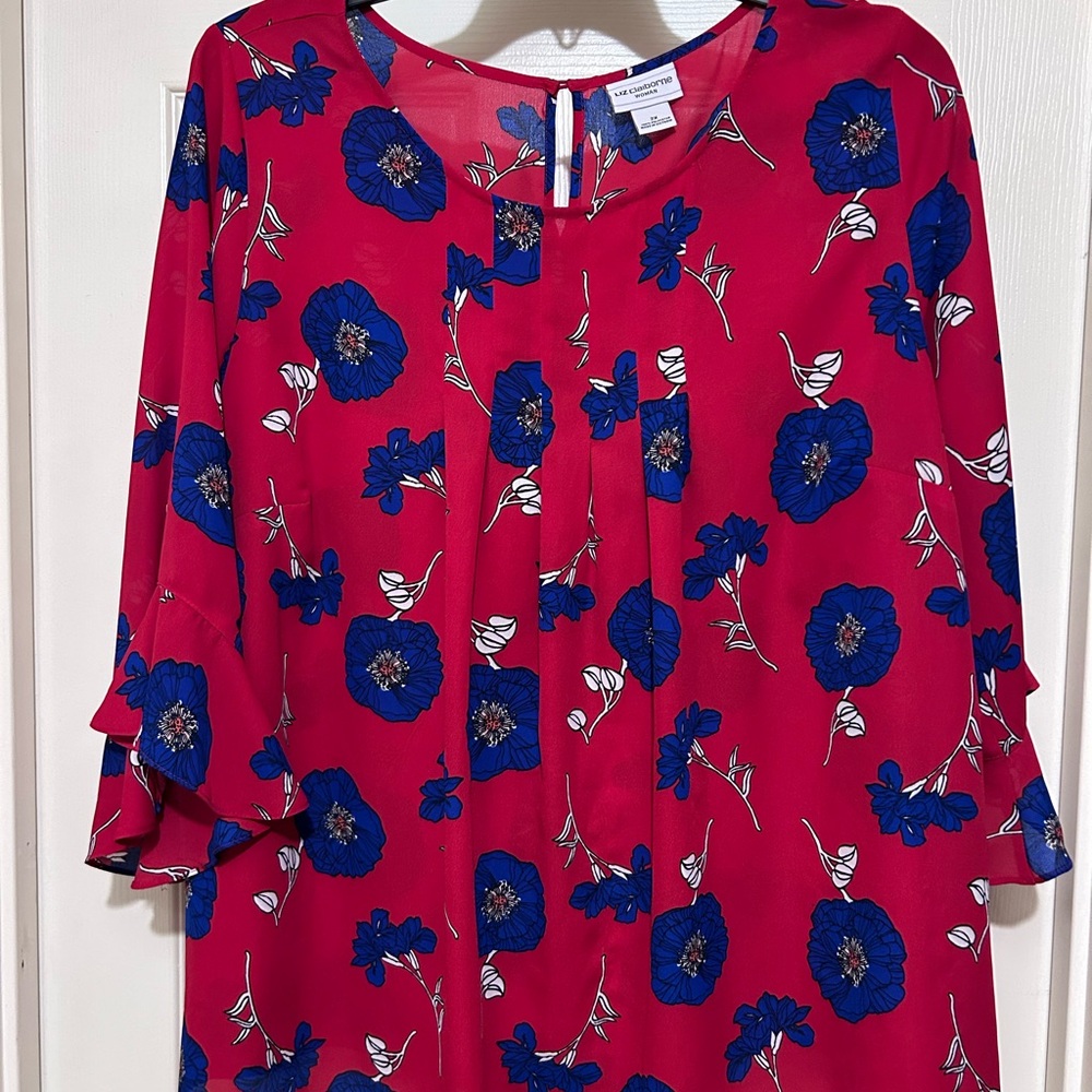 Liz Claiborne Red and Blue Ruffled Blouse with Flutter Sleeves